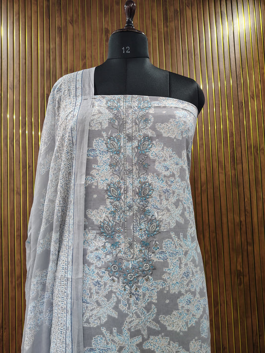 Peach & Grey Pure Cotton Suit with Elegant Neck and Ghera Detailing