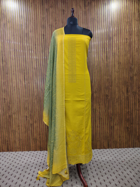 Elegant Lace Trim Cotton Suit with Muslin Dupatta