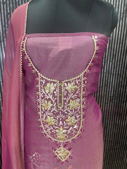 Golden & Wine Shimmer Silk Ensemble with Elegant Gota-Worked Neckline