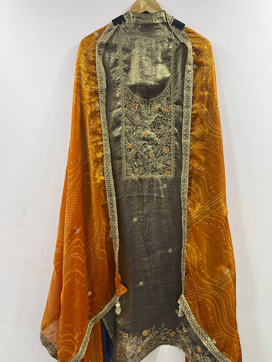 Elegant silk suit set with vibrant contrast duputta