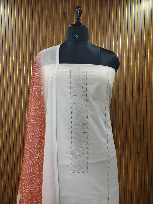 Elegant Lace Trim Cotton Suit with Muslin Dupatta