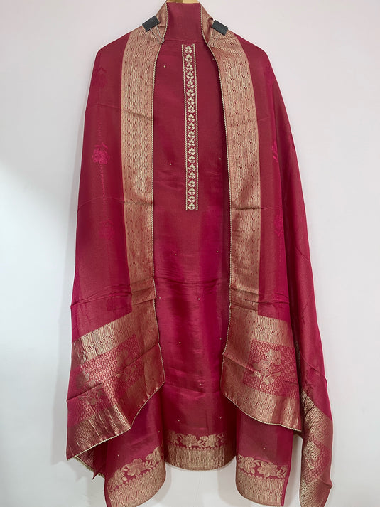 Premium shimmer silk suit with hand weaving detailing