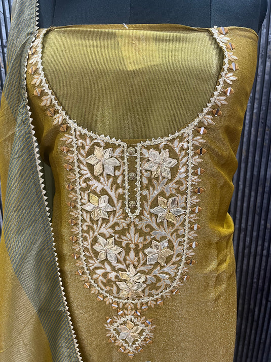 Golden & Wine Shimmer Silk Ensemble with Elegant Gota-Worked Neckline