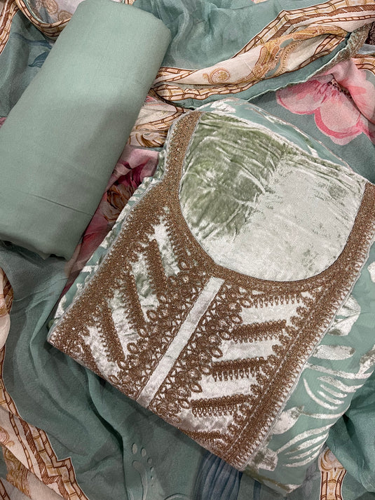 Brasso velvet suit set with soft chinon duputta