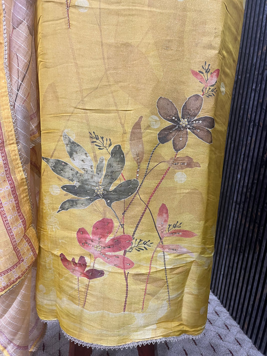 Shimmer silk suit with subtle handwork on ghera