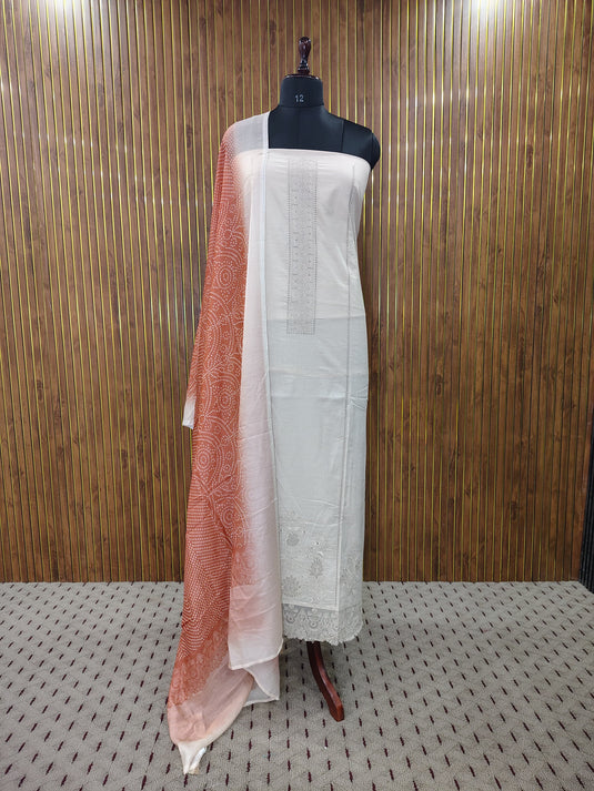 Elegant Lace Trim Cotton Suit with Muslin Dupatta