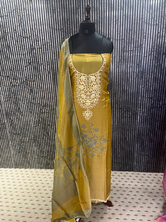 Golden & Wine Shimmer Silk Ensemble with Elegant Gota-Worked Neckline