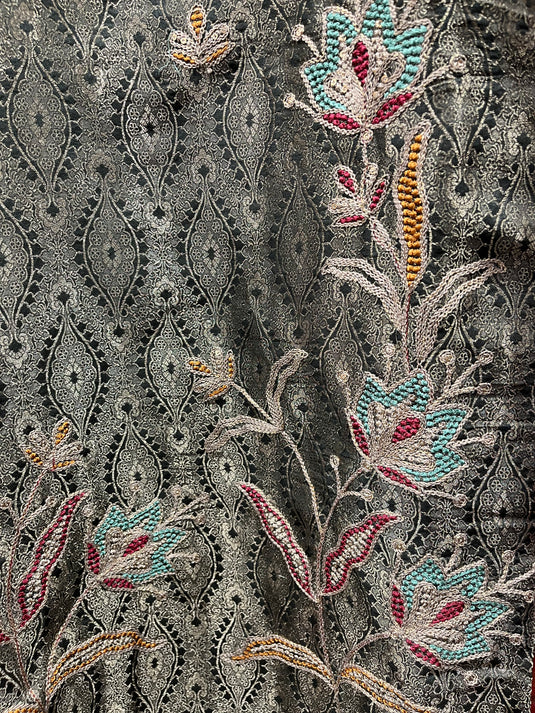Classic silk suit with fine embroidery on ghera