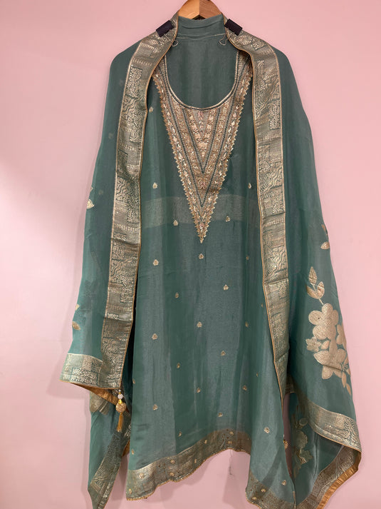 Tissue shimmer shirt with four sided border duputta