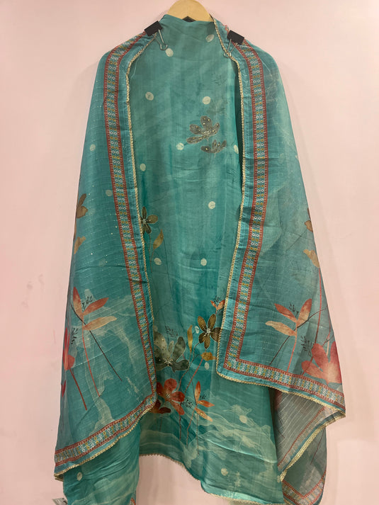 Shimmer silk suit with subtle handwork on ghera