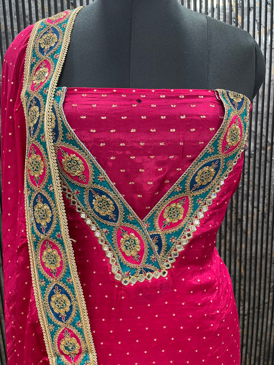Majenta silk suit set with intricate ghera embroidery