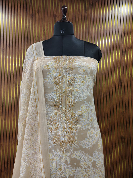 Peach & Grey Pure Cotton Suit with Elegant Neck and Ghera Detailing