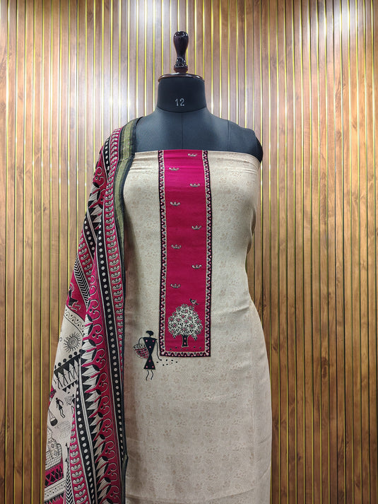 Maheshwari Silk Figure Print Suit in Maroon, Black & Beige