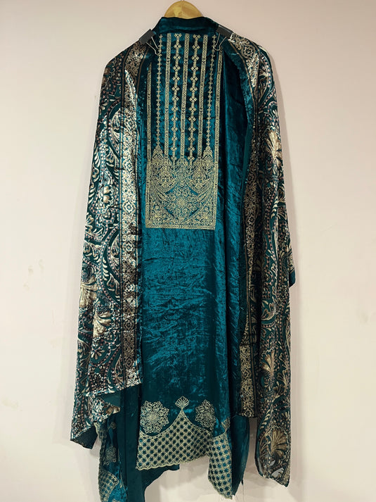 Luxury micro velvet suit set with brocade pants and brasso duputta