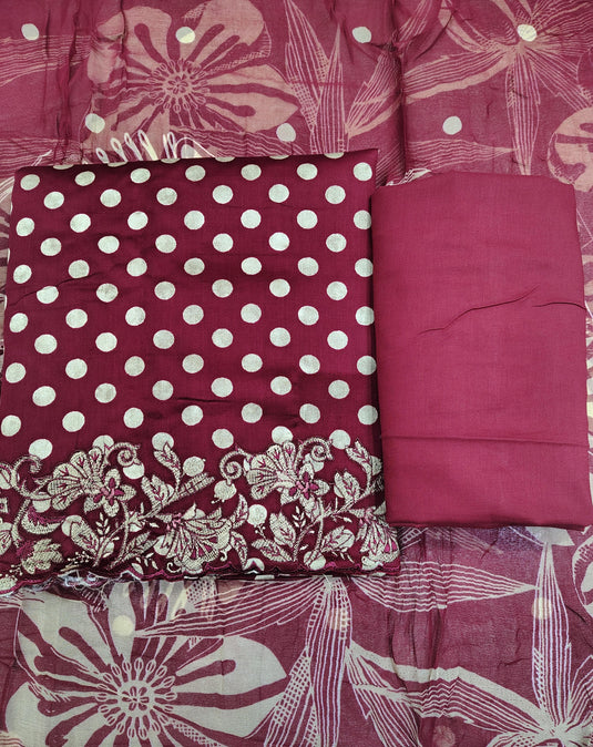 Premium Glace Cotton Suit Set with Elegant Ghera Work & Flowing Chiffon Dupatta in Rich Festive Colours