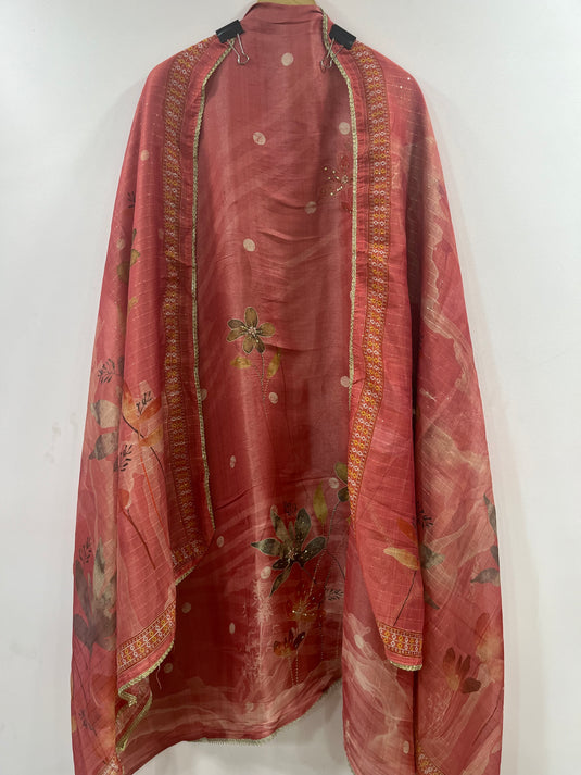 Shimmer silk suit with subtle handwork on ghera