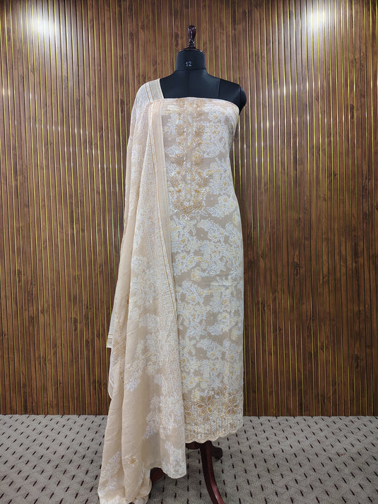 Peach & Grey Pure Cotton Suit with Elegant Neck and Ghera Detailing