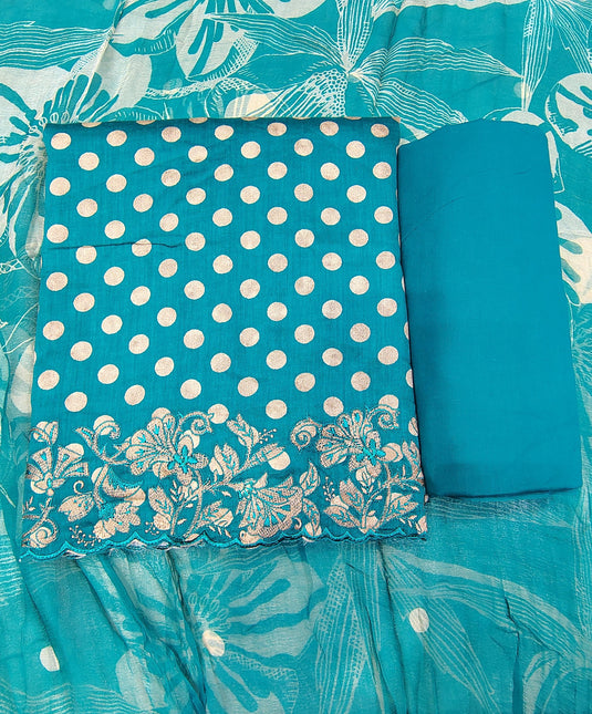 Premium Glace Cotton Suit Set with Elegant Ghera Work & Flowing Chiffon Dupatta in Rich Festive Colours