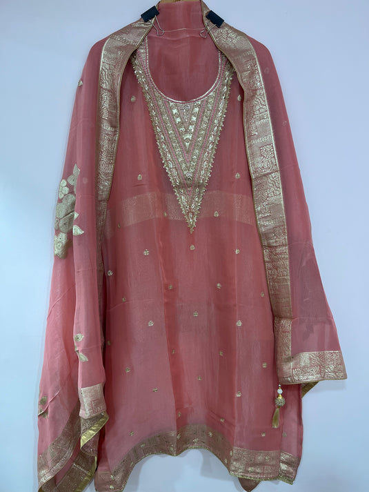 Tissue shimmer shirt with four sided border duputta