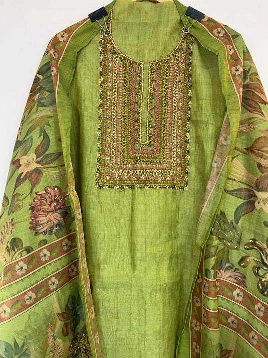 Silk article with kantha work detailing on the neck