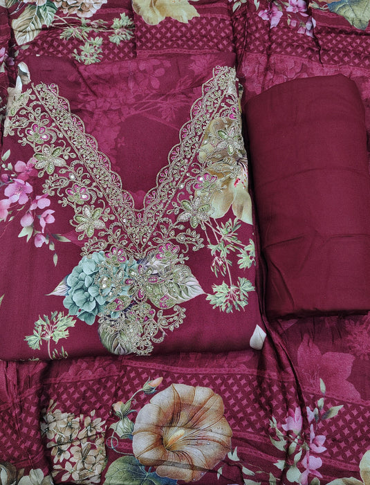 Timeless Winter Charm – Luxurious Pashmina Fabric Suit with Soft Warm Dupatta