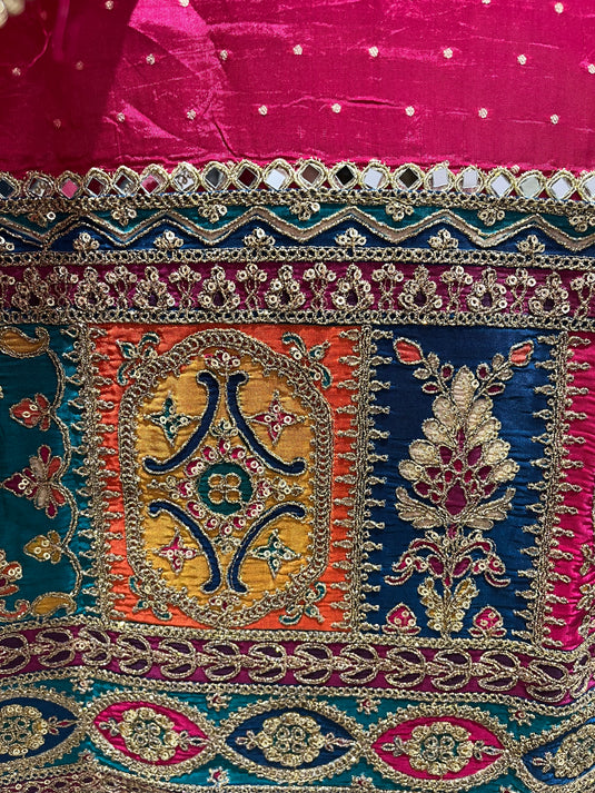 Majenta silk suit set with intricate ghera embroidery