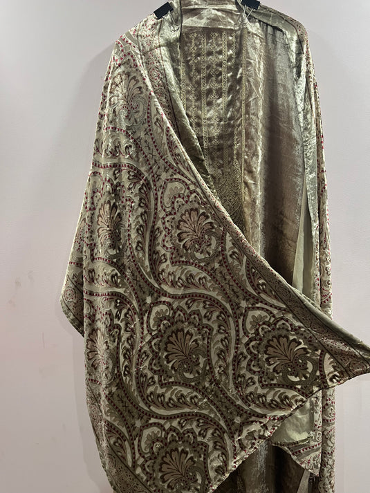 Luxury micro velvet suit set with brocade pants and brasso duputta