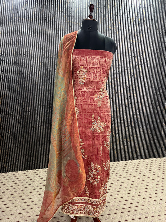 Classic silk suit with fine embroidery on ghera