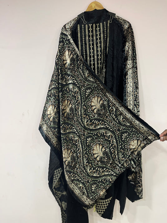 Luxury micro velvet suit set with brocade pants and brasso duputta