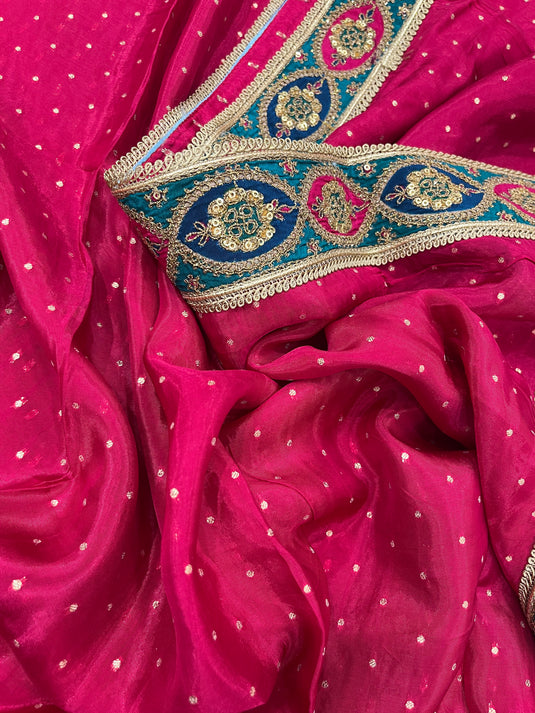 Majenta silk suit set with intricate ghera embroidery