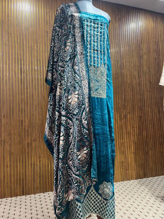 Luxury micro velvet suit set with brocade pants and brasso duputta