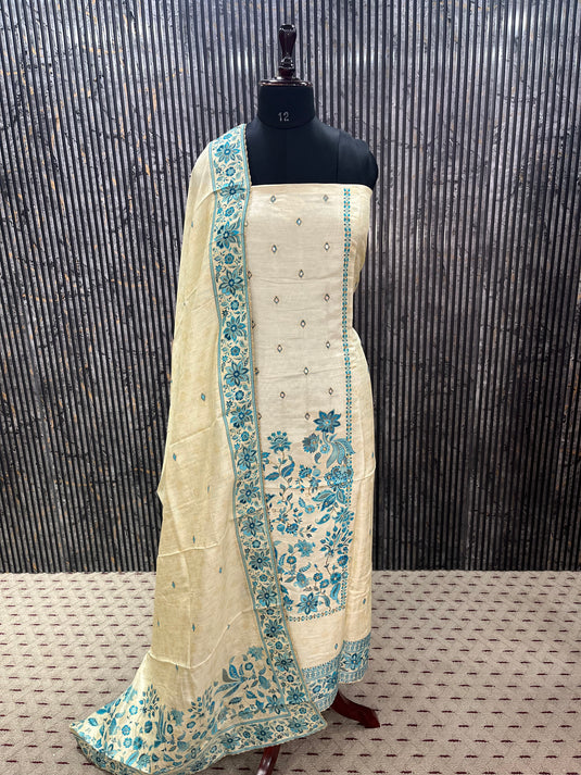 Luxury Off-White Silk Suit Collection with Stunning Blue and Red Handwork Accents