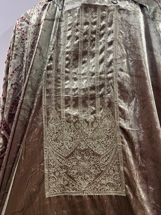 Luxury micro velvet suit set with brocade pants and brasso duputta