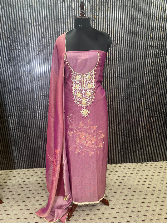 Golden & Wine Shimmer Silk Ensemble with Elegant Gota-Worked Neckline