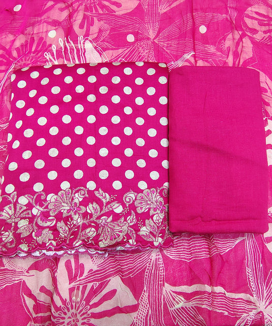 Premium Glace Cotton Suit Set with Elegant Ghera Work & Flowing Chiffon Dupatta in Rich Festive Colours