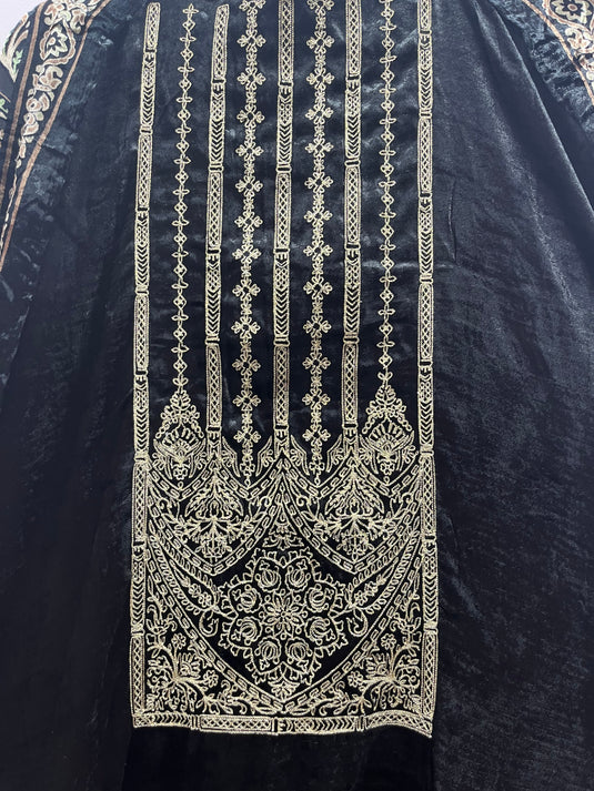 Luxury micro velvet suit set with brocade pants and brasso duputta