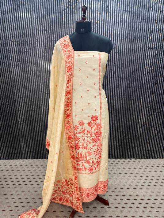 Luxury Off-White Silk Suit Collection with Stunning Blue and Red Handwork Accents