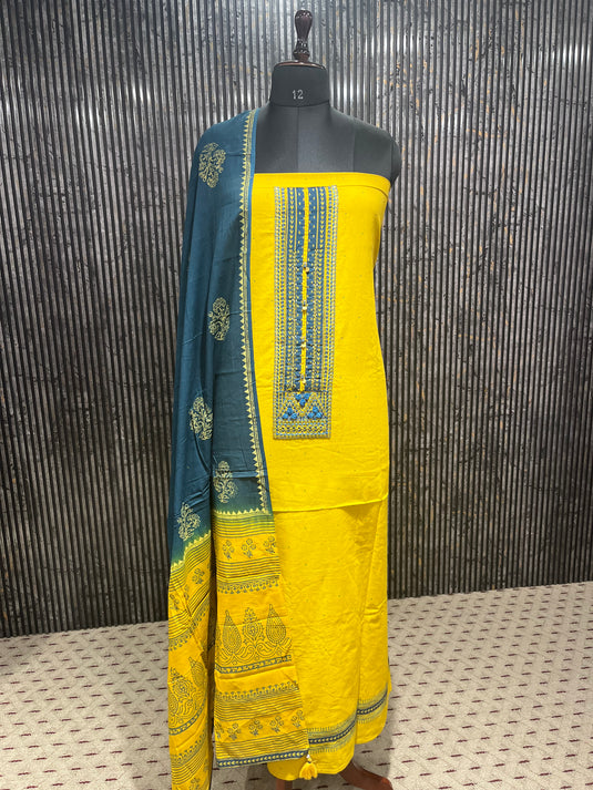 Khadi cotton suit with cotton duputta and printed pants