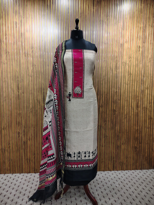 Maheshwari Silk Figure Print Suit in Maroon, Black & Beige