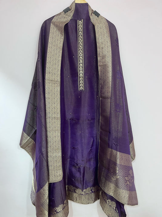 Premium shimmer silk suit with hand weaving detailing