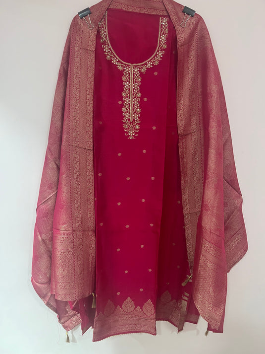 Self Weaving Suit Set with Detailed Weaving on Ghera & Paired with All-Over Self Woven Dupatta in Vibrant Colours